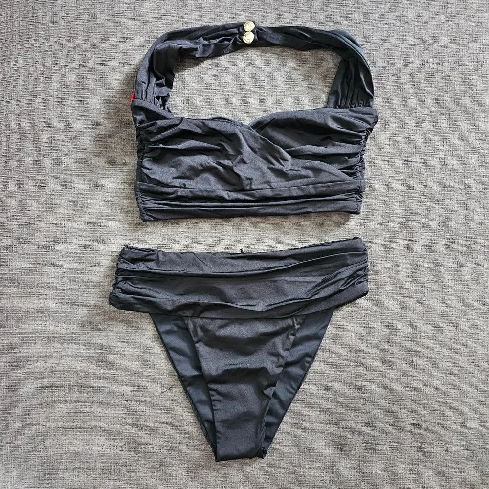 Balmain Paris Women's Black Beachwear Top High Waist Bottom Bikini Size 38